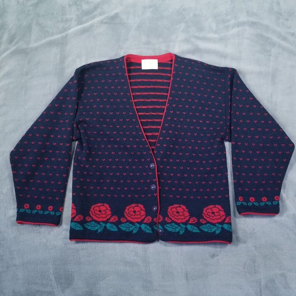 Pendleton Cardigan Sweater Womens Blue Red Size Large 100% Virgin Wool Roses